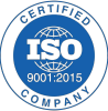 ISO 9001:2015 certified company seal in blue.