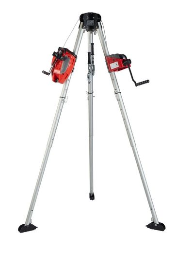 Heavy-duty tripod with hand crank winches for lifting.