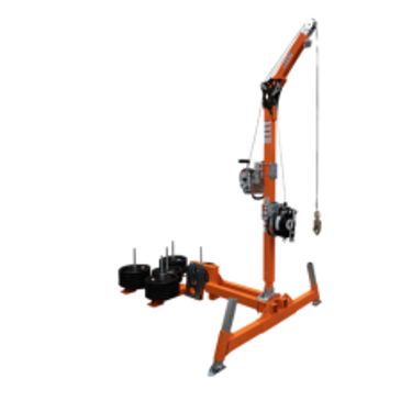 Orange engine hoist with adjustable arm and wheels on white background.