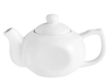 A plain white ceramic teapot with a lid and handle.