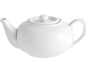 A simple white ceramic teapot with a lid and handle.