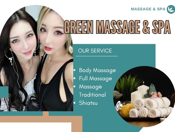Promotional image for Green Massage &amp; Spa featuring two women and a list of massage services.