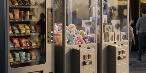 Snack vending machine and claw machines with plush toys.