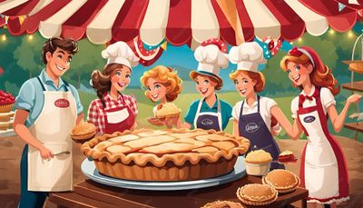 Happy bakers proudly showcase a giant pie and smaller pies under a festive tent.