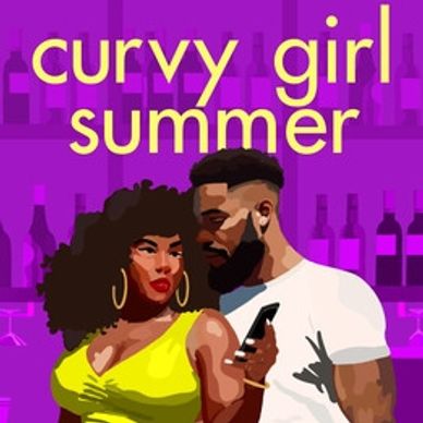 Illustration of a confident curvy woman and a man in a vibrant bar setting with 'curvy girl summer' text.