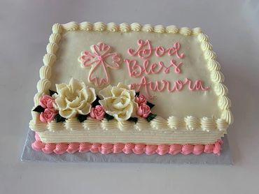 Sheet Cake for a baptism or communion with a pink cross