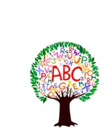 Colorful alphabet tree with letters forming a canopy above a brown trunk.