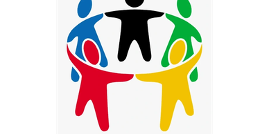 Colorful human figures holding hands in a circle symbolizing unity.