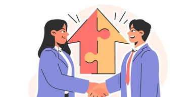 Two professionals shaking hands with a house-shaped puzzle in the background.