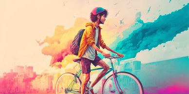 Jongen op fiets met indrukwekkende kleuren