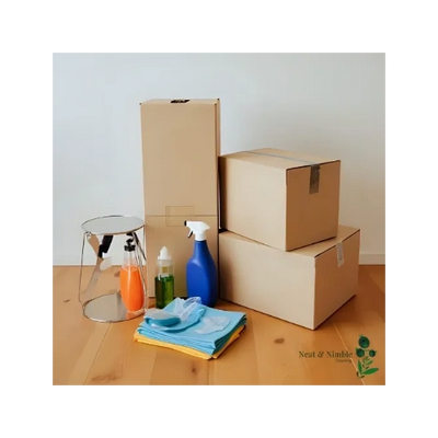 moving boxes with cleaning products on hardwood floor neat & nimble branding