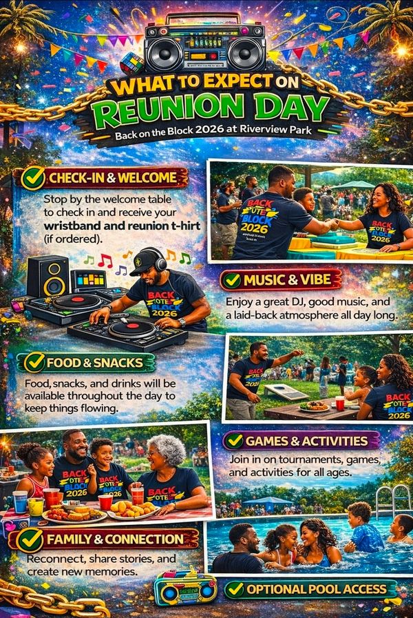 Colorful reunion day flyer with music, food, games, and pool access at Riverview Park.