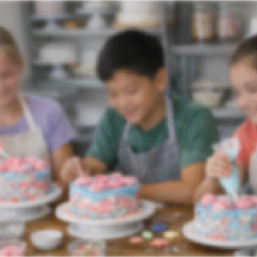 Children decorating colorful cakes together with smiles.