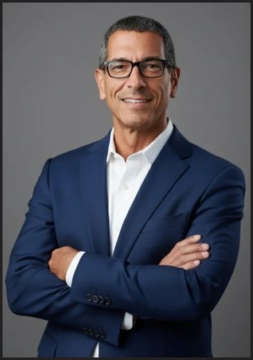 Confident man in a blue suit smiling with arms crossed.