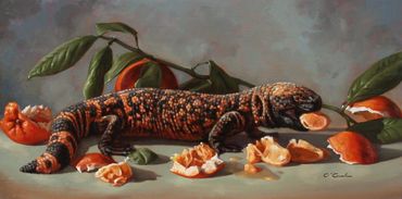 wildlife fine art oil painting gila monster oranges still life