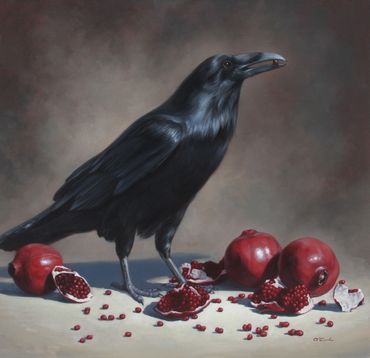 wildlife fine art oil painting Raven pomegranate still life