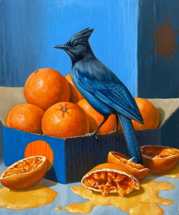 Contemporary Wildlife Fine Art Oil painting stellar's Jay Oranges blue bird fruit
