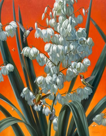 Contemporary wildlife fine art oil painting yucca hummingbirds sunset orange bees