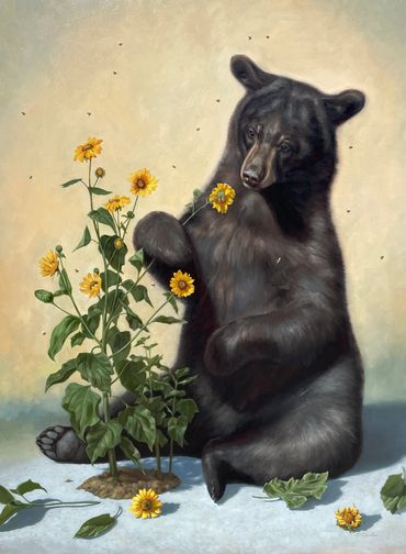 contemporary wildlife fine art oil painting Black bear bees still life flowers black-eyed susan