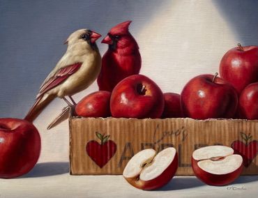 Wildlife Fine art oil painting Cardinals red apples love still life