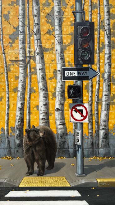 wildlife fine art oil painting black bear mural aspen trees cross walk traffic light signs sidewalk