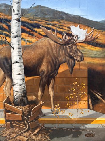 wildlife fine art oil painting moose aspen tree sidewalk landscape roots yellow golden