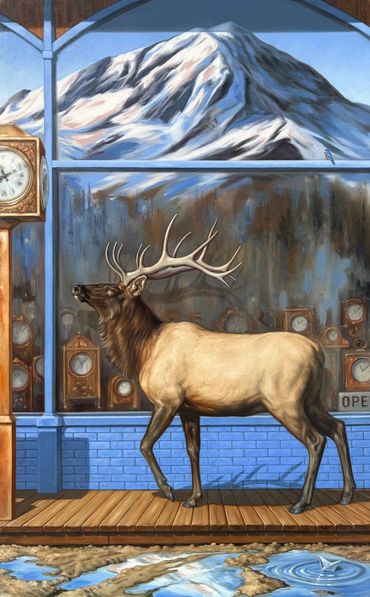 Wildlife fine art oil painting Elk clock mountain blue reflection time window puddles