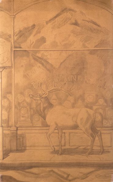 wildlife fine art drawing study pencil charcoal toned paper elk mountain clocks time reflection