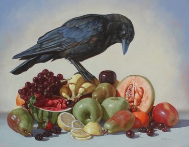 American Crow bird wildlife art oil painting fruit still life grapes pears apples cherries berries