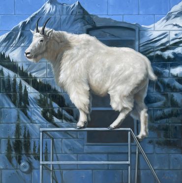 Wildlife fine art oil painting Mountain goat blue mural scapegoat Fire escape
