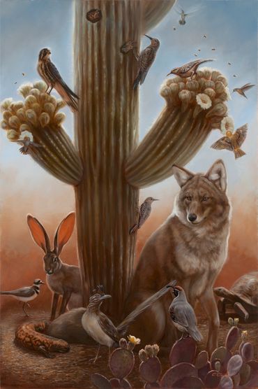 Wildlife art painting oil desert animal together bobcat saguaro roadrunner cactus rabbit coyote bird