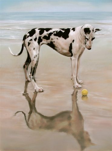 wildlife fine art oil painting custom contemporary animal beach Great dane tennis ball commission