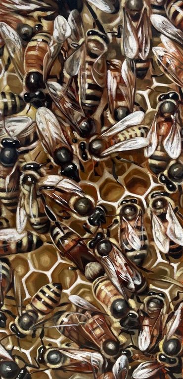 wildlife fine art oil painting bees honeybees honey comb 