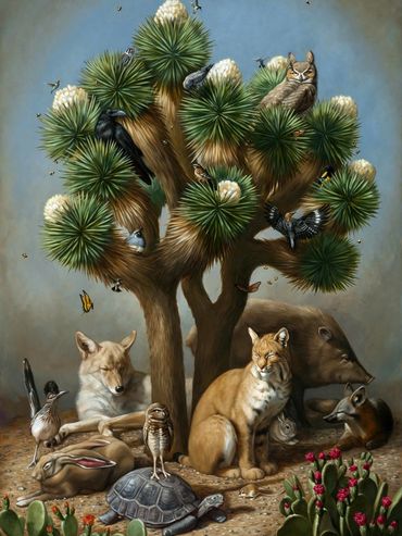Wildlife art painting oil desert animal together bobcat joshua roadrunner cactus rabbit coyote bird