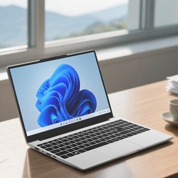 A sleek laptop displaying Windows 11 on a wooden desk near a window.