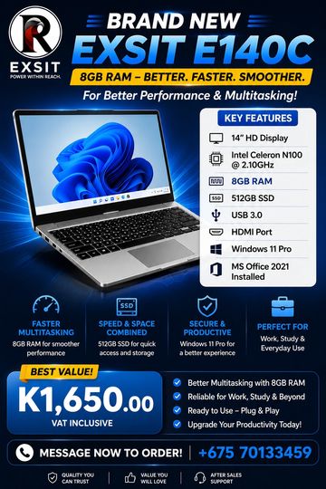 Advertisement for Exsit E140C laptop with 8GB RAM and 512GB SSD.