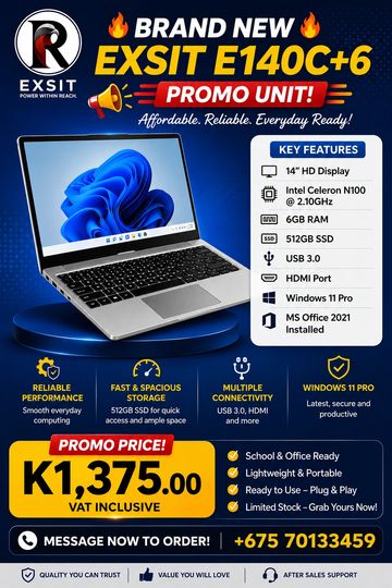 Advertisement for the brand new Exsit E140C+6 laptop with promo price and key features.