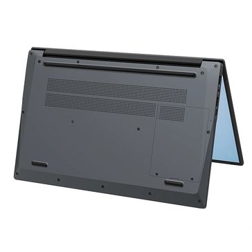 Bottom view of a laptop in tent mode showing vents and rubber feet.