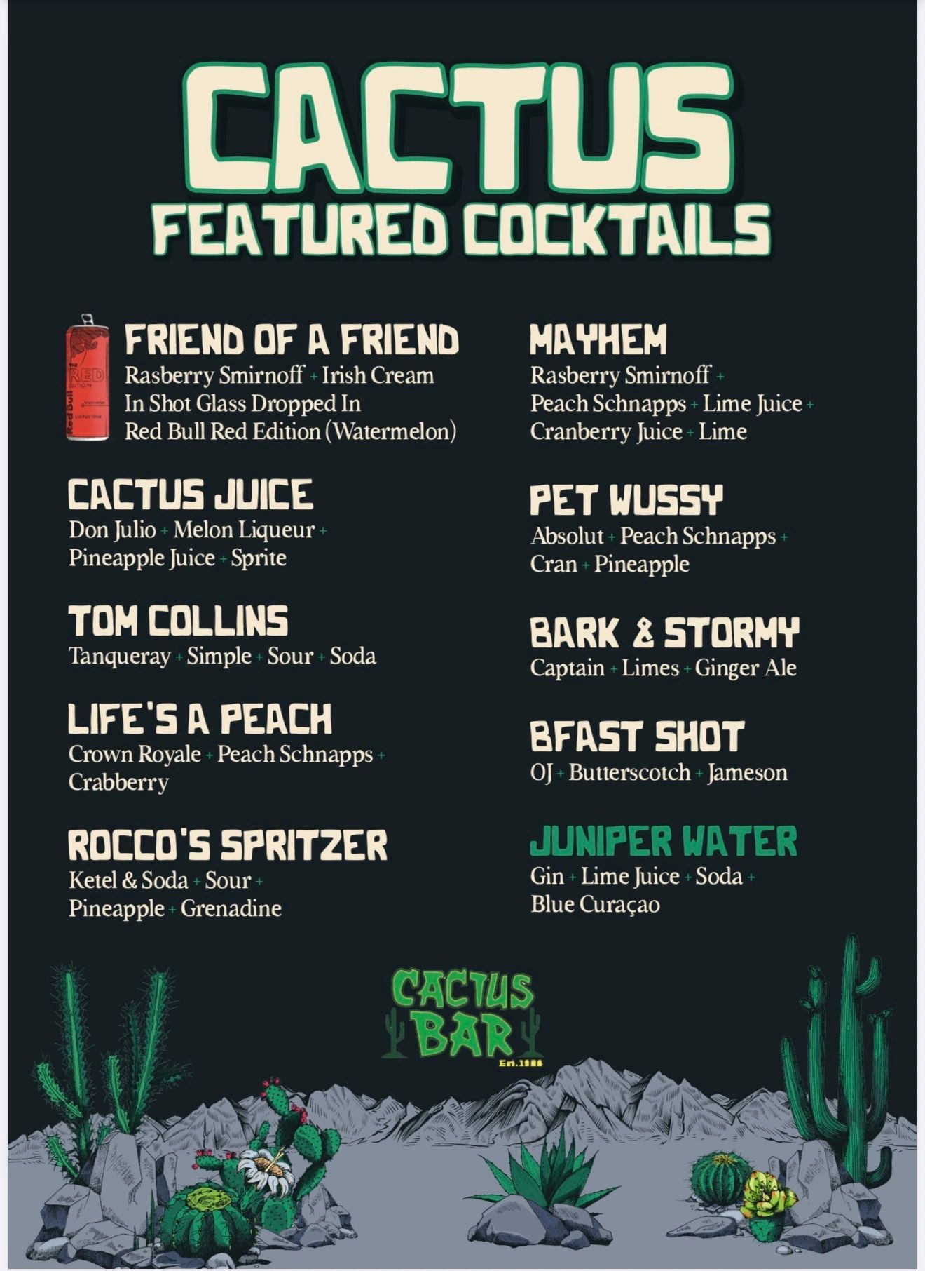 Cactus Bar Boise - Signature Drinks, Non-Alcoholic Drinks, Weekly Deals