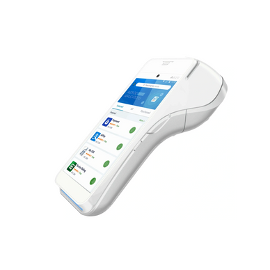 White handheld point-of-sale (POS) terminal with touchscreen display.
