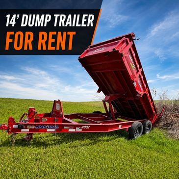 Red 14-foot dump trailer available for rent.