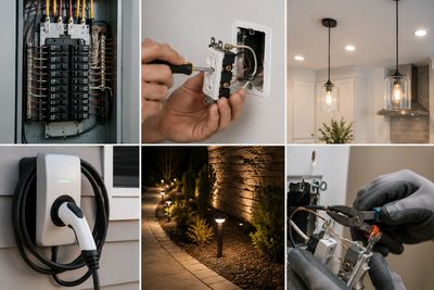 Collage showing various electrical work and installations in home settings.