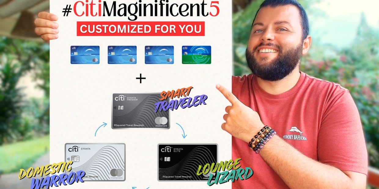 A man points to a promotional sign for customized Citi credit cards with travel benefits.