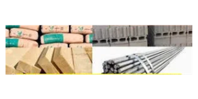 Construction materials including cement bags, bricks, steel rods, and concrete blocks.