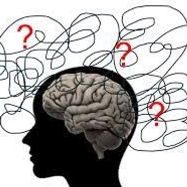 Silhouette of a head with a brain and question marks symbolizing confusion.