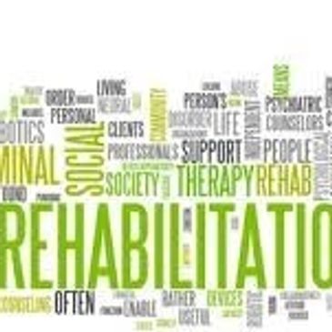 Word cloud centered around rehabilitation and related social and therapy terms.