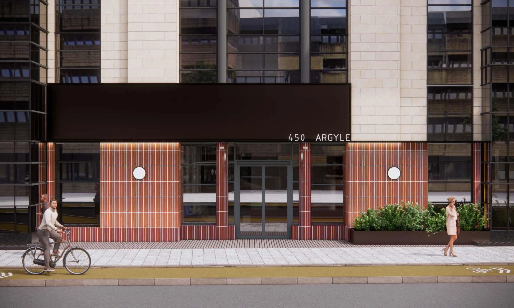 Modern building entrance at 450 Argyle with people outside.