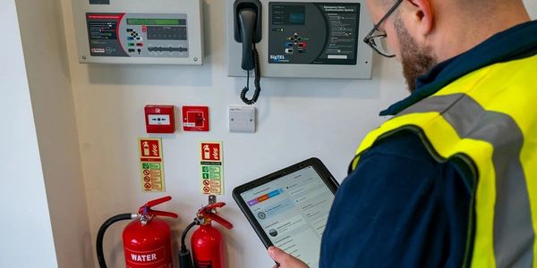 Technician inspects fire safety equipment using a tablet.