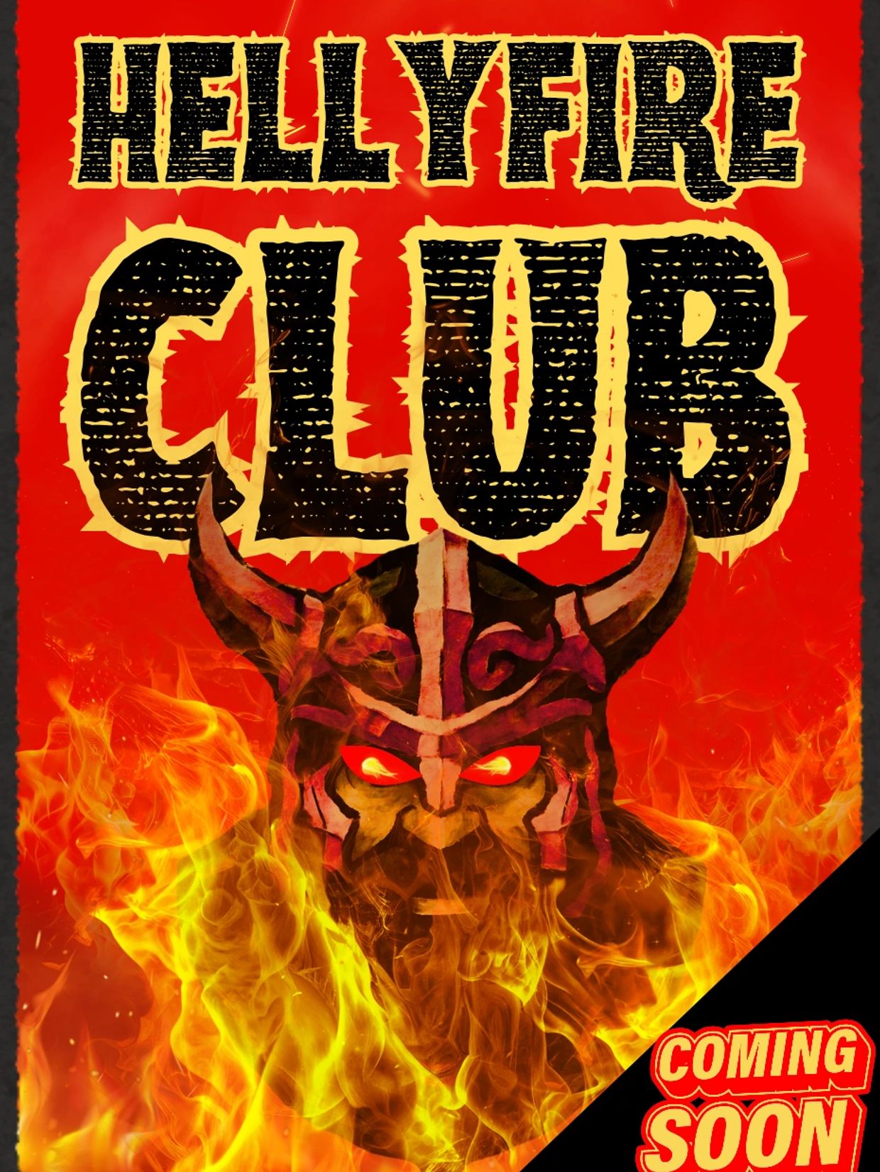 Poster for Hellfire Club with fiery Viking helmet and glowing eyes.