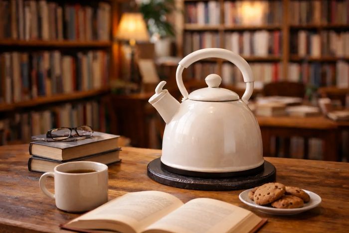 Stack of books next to pencils in a holder and a camera.
